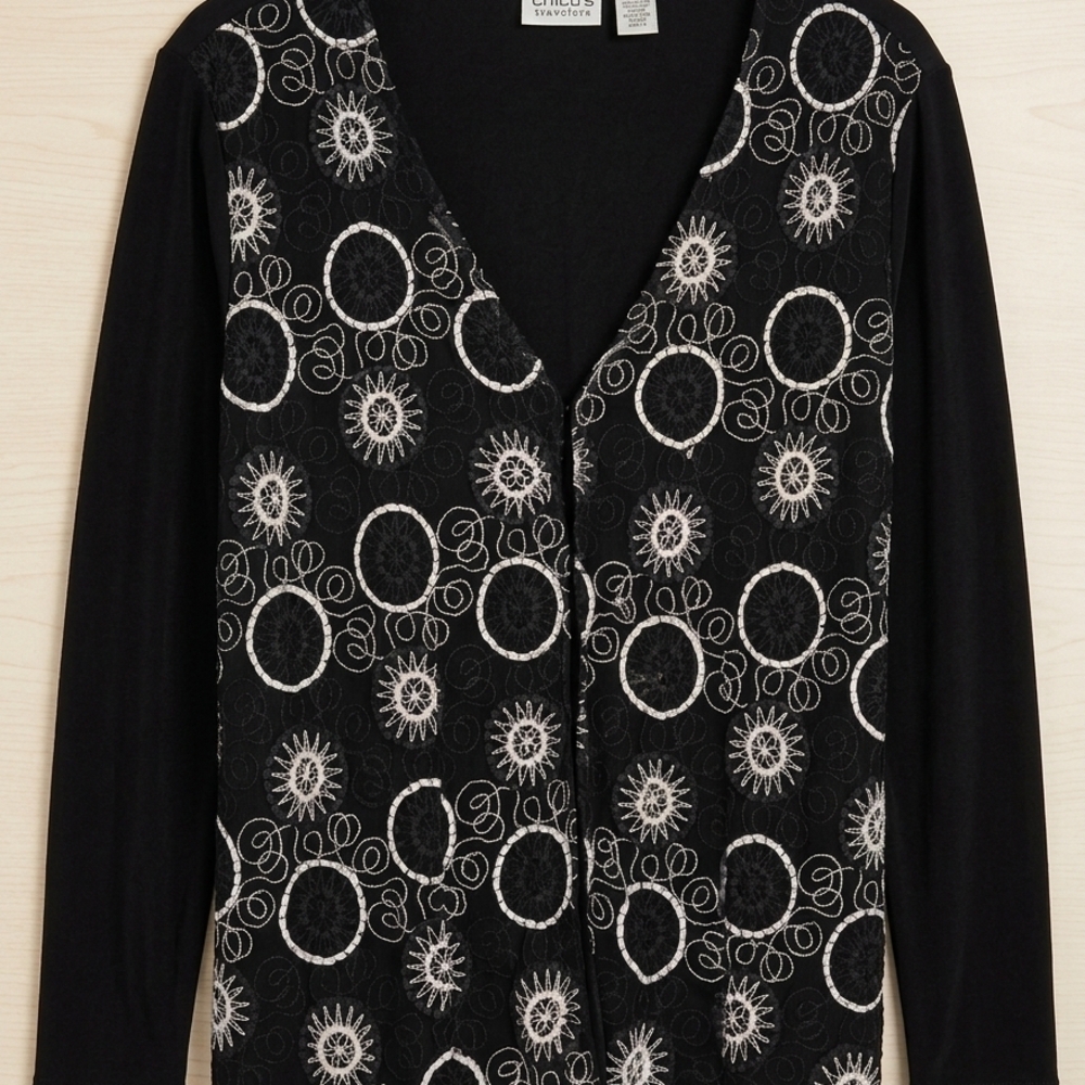 Chico's Size 2 Navy Cardigan with White Embroidered Circles #251